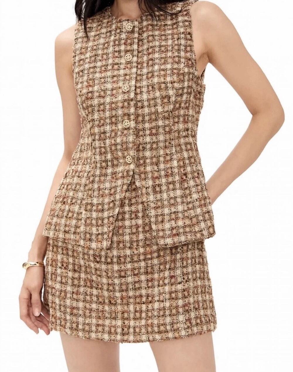 NWOT $168 ASTR Dilone Sleeveless Plaid Tweed Layered Mini Dress Brown Sz M